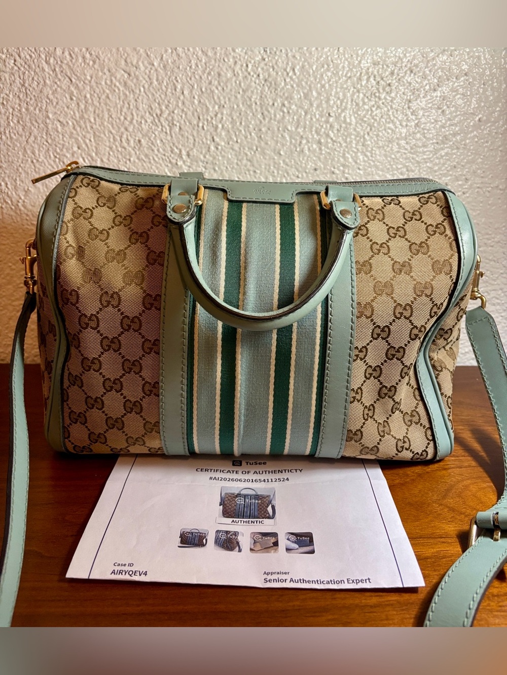Gucci GG Canvas Boston Bag with Blue Green Stripes - Authentic Vintage COA